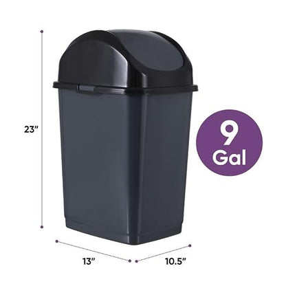 Superio Kitchen Trash Can with Swing Top Lid 9 Gallon Slim Waste Bin 37 Qt Sturdy Plastic Garbage Can Medium Recycling Bin for Office, Bathroom, Under Counter, Dorm, Bedroom (Dark Grey)