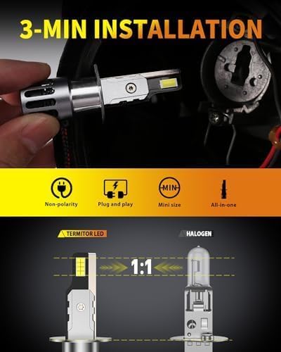 Termitor Latest H1 Bulbs, 60,000LM Brightness High Beam, Pack of 2 | 85000+ Hours Long Service Life, 6500K Cool White, Real 1:1 Halogen Size H1 Exterior Fog Light Bulbs, 3 Mins Plug N Play