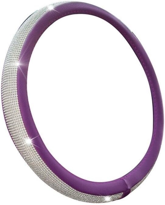 New Diamond Leather Steering Wheel Cover with Bling Bling Crystal Rhinestones, Universal Fit 15 Inch Car Wheel Protector for Women Girls Purple