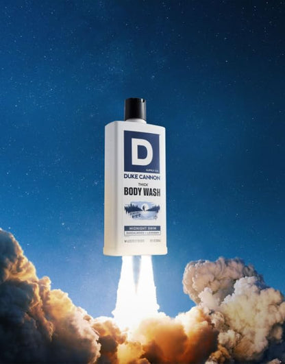 Duke Cannon Supply Co. Thick High Viscosity Body Wash - 3X Thicker, Cleansing Shower and Bath Gel, Mineral-Enriched Body Wash for Men - Sandalwood + Lavender - Mens Body Scrub - Midnight Swim (18 oz)
