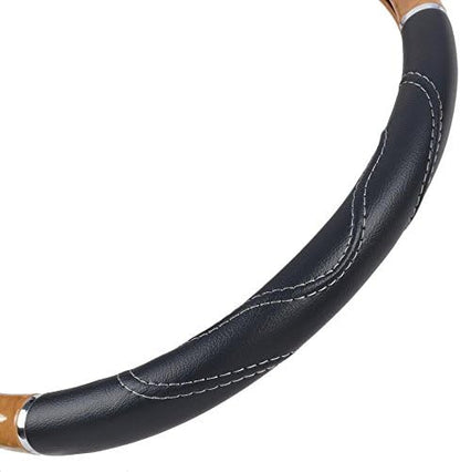 BDK Motor Trend Ergonomic Heavy Duty Large Steering Wheel Cover for Trucks Big Rigs Bus 18" Inch Large Steering Wheel, Light Wood with Black Leather Grip, Improve Grip Anti-Fatigue for Long Drives