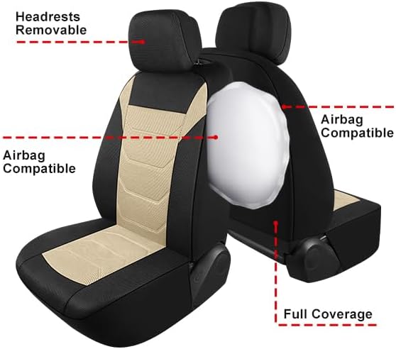 Pariiaotin 3D Air Mesh Car Seat Cover Front Sets Washable and Breathable Premium Cloth Automotive Vehicle Seat Covers for Cars Interior, Universal Fit for Most Cars, Sedan, Truck, SUV(Black/Beige)