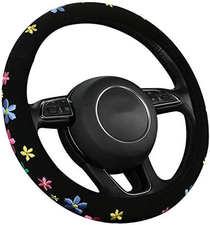Embroidery Cute Steering Wheel Cover-Deluxe Floral Car Decor,Anti-Slip,Sweat Absorption,Universal 15 inch (floral1)