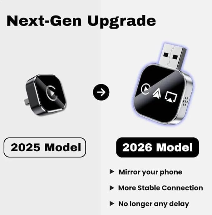 2026 Upgrade 3 in 1 Wireless CarPlay Adapter - Wired to Wireless Screen Mirror & Audio Link for iOS/Android, 2.4/5GHz WiFi & Bluetooth 5.0, Fast Stable Connection, Mini Design, Plug and Play