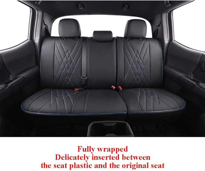 EKR Custom Fit Tacoma Rear Car Seat Covers for Toyota Tacoma 2016 2017 2018 2019 2020 2021 2022 2023 Double Cab/Crew Cab - Second Row Only,Faux Leather(Black with Blue Trim)