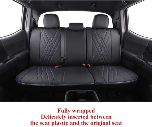 EKR Custom Fit Tacoma Rear Car Seat Covers for Toyota Tacoma 2016 2017 2018 2019 2020 2021 2022 2023 Double Cab/Crew Cab - Second Row Only,Faux Leather(Black with Blue Trim)