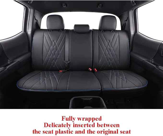 EKR Tacoma Leather Car Seat Covers Custom Fit for Toyota Tacoma 2012 2013 2014 2015 (Regular Seats) - Truck Seat Covers Full Set,Faux Leather(Black with Blue Trim)