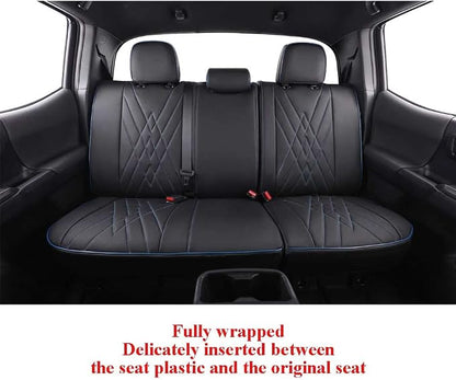 EKR Tacoma Leather Car Seat Covers Custom Fit for Toyota Tacoma 2012 2013 2014 2015 (Regular Seats) - Truck Seat Covers Full Set,Faux Leather(Black with Blue Trim)