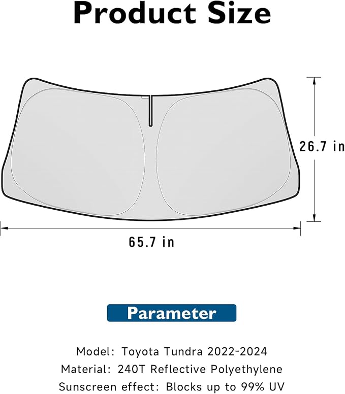 BIBLOZ Car Windshield Sun Shade for Toyota Tundra 2022-2025 2026, Limited, SR5, Platinum, TRD Pro Accessories Foldable PET Sunshade Keeps The Car Cool Inside