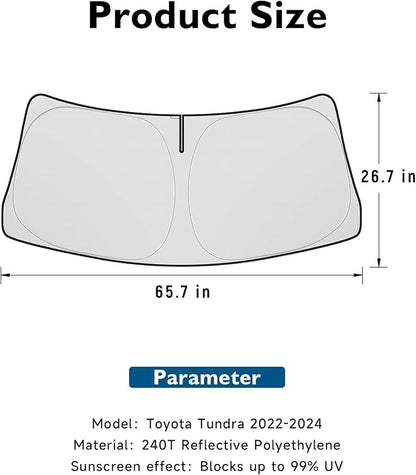 BIBLOZ Car Windshield Sun Shade for Toyota Tundra 2022-2025 2026, Limited, SR5, Platinum, TRD Pro Accessories Foldable PET Sunshade Keeps The Car Cool Inside