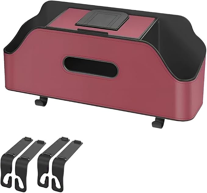 Car Backseat Headrest Organizer, Multifunctional 4-in-1 Back Seat Tissue Box with Cup Holders Hooks, Auto Seat Back Storage Organizer for Hold Phones, Drinks, Bags, Universal Fit (Red)