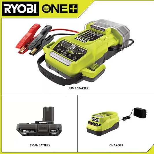 RYOBI ONE+ 18V Cordless 1600A Jump Starter with LED Work Light Kit with 2.0 Ah Battery and Charger