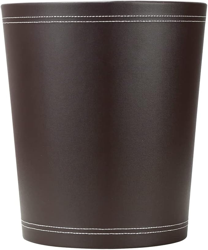 KINGFOM Classic Pu Leather Trash Can Wastebasket, Garbage Container Can for Bathrooms, Powder Rooms, Kitchens, Home, Office and and High Class Hotel Round Brown