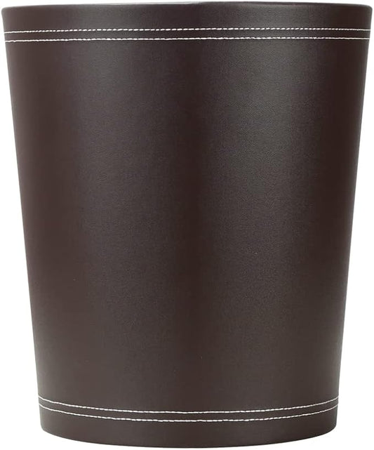 KINGFOM Classic Pu Leather Trash Can Wastebasket, Garbage Container Can for Bathrooms, Powder Rooms, Kitchens, Home, Office and and High Class Hotel Round Brown