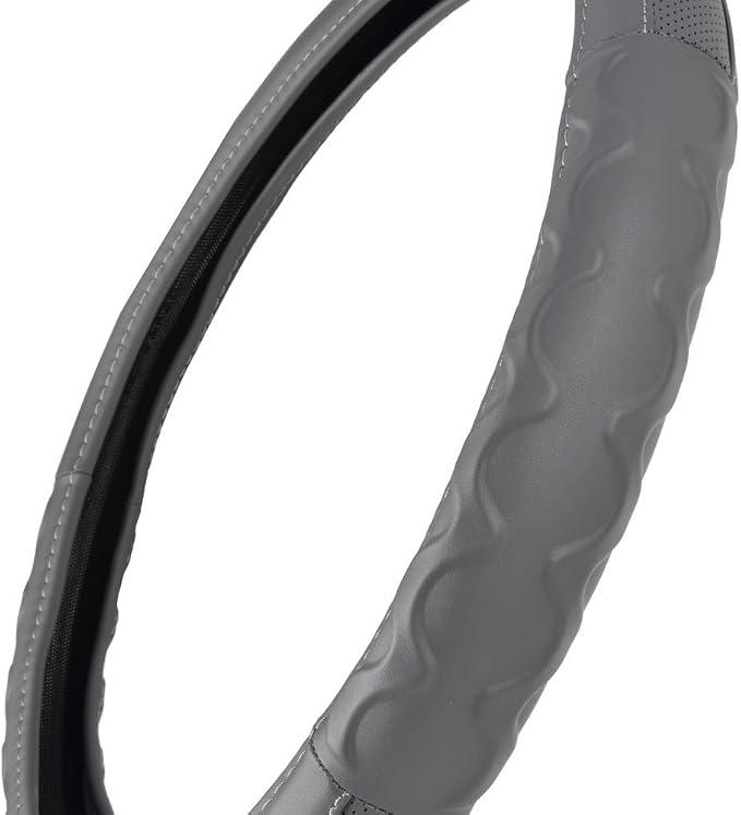BDK Motor Trend Ergonomic Leather Grip Steering Wheel Cover for Big Rigs Trucks Semis 18" Large Heavy Duty Non Slip Long Haul Long Drives Transportation, Comfortable Anti-Fatigue (Gray)