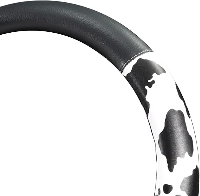 ZHOL Cow Print Steering Wheel Cover, Universal Fit 14.5-15 inch Premium Microfiber Leather Steering Wheel Protector for Cars/Trucks/SUVs, Non-Slip, Heat-Resistant, Easy Install, Black