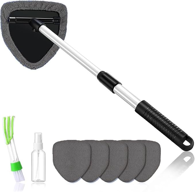Windshield Cleaning Tool, Extendable Handle Car Window Cleaner with 5 Reusable and Washable Microfiber Pads, Auto Glass Wiper Kit for Interior & Exterior, Ideal for Dirty Car Windows (Grey)