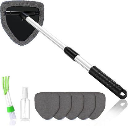 Windshield Cleaning Tool, Extendable Handle Car Window Cleaner with 5 Reusable and Washable Microfiber Pads, Auto Glass Wiper Kit for Interior & Exterior, Ideal for Dirty Car Windows (Grey)