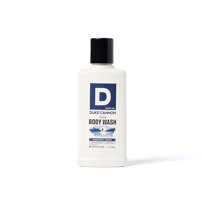 Duke Cannon Supply Co. THICK High Viscosity Travel Size Body Wash for Men - 3 fl oz - Midnight Swim - Sandalwood + Lavender Scent - Mineral-Enriched, Cleansing Shower Gel