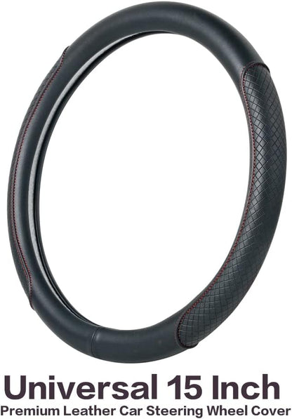 Steering Wheel Cover - Microfiber Leather, Classic Embossing, Anti-Slip Breathable, Fit 15 Inch (Black & Red Line)