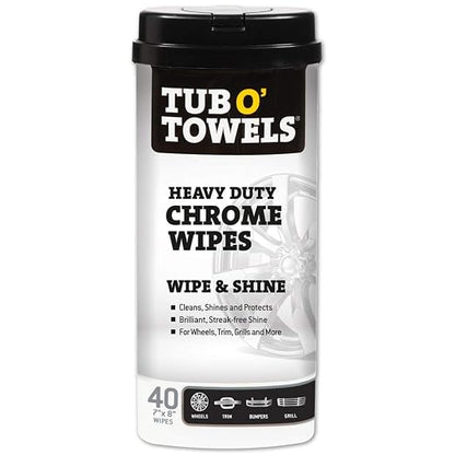 Tub O’ Towels Heavy Duty Chrome Wipes - Clean, Shine & Protect Chrome, Aluminum, Copper, and Brass Surfaces - Oil-Based Polishing Wipes - Resists Streaks & Fingerprints - 40 Count for Auto Detailing