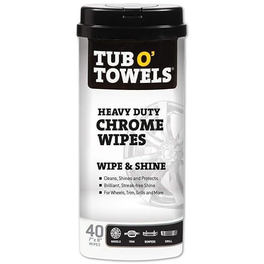 Tub O’ Towels Heavy Duty Chrome Wipes - Clean, Shine & Protect Chrome, Aluminum, Copper, and Brass Surfaces - Oil-Based Polishing Wipes - Resists Streaks & Fingerprints - 40 Count for Auto Detailing