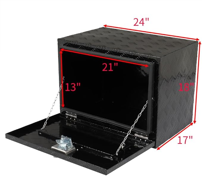 24“L x 17" W x 18" H Aluminum Underbody Truck Toolbox with Lock | Waterproof Square Truck Storage Organizer Chest for Pick Up Truck Bed, RV Trailer,Black,Tool Box with Lock