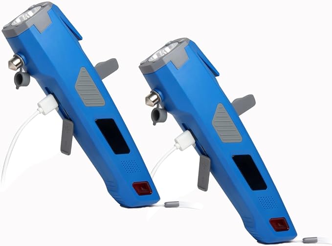 LUXON Car Emergency Escape Tool,Car Safety Tool:USB Charger,SOS Light,Hand Cranking Charge,Magnetic,Siren Alarm,Pack of 2 (Blue)