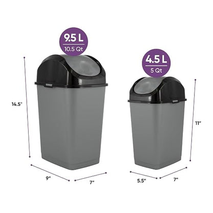 Superio Mini 1.25 Gallon and Small 2.5 Gallon Plastic Trash Cans with Swing Top Lid, Grey Waste Bin for Countertop, Desk, Vanity, Bathroom, 2 Pack (Grey/Black)
