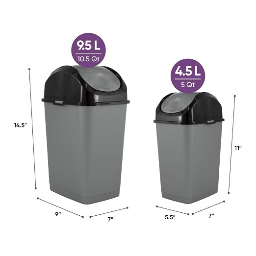 Superio Mini 1.25 Gallon and Small 2.5 Gallon Plastic Trash Cans with Swing Top Lid, Grey Waste Bin for Countertop, Desk, Vanity, Bathroom, 2 Pack (Grey/Black)