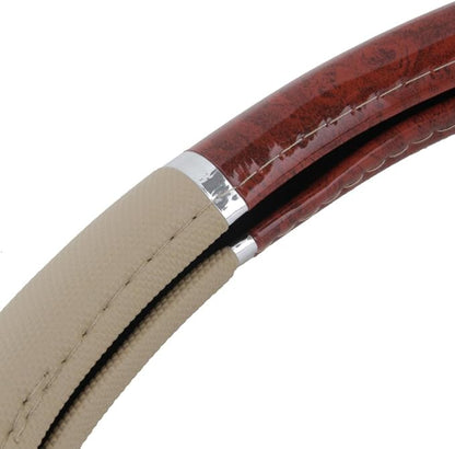 BDK Dark Wood Grain Car Steering Wheel Cover, Standard 15 inch with Beige Faux Leather Grip, Made to Fit Most Auto Truck Van SUV