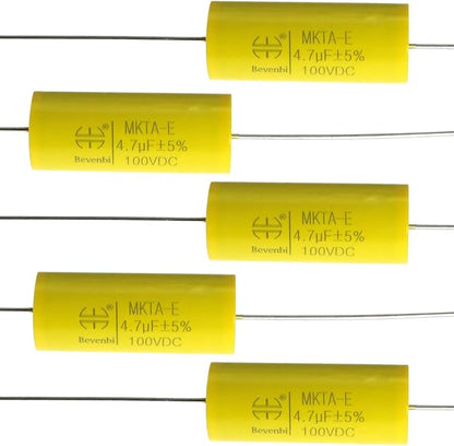 MEETOOT 5pcs Audio Frequency Divider Axial Capacitance MKTA-E 4.7J100V Polypropylene Film Capacitor for Audio Amplifier, Divider, Fan Lamp, Household Appliances, Car Speakers