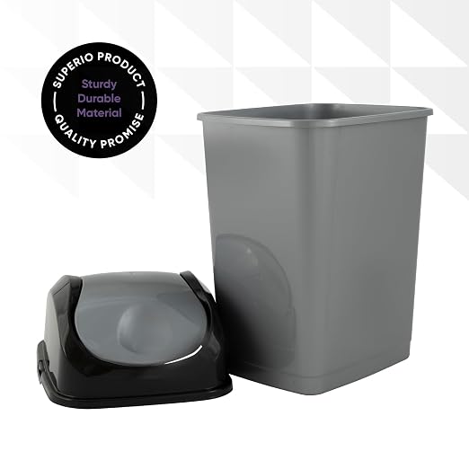 Superio Small Trash Can with Lid 4.5 Gallon Plastic Swing Top Garbage Can Slim Waste Bin for Under Sink/Cabinet, Laundry Room, Kitchen, Office, Bedroom, Bathroom, College Dorm, 18 Qt, Gray/Black