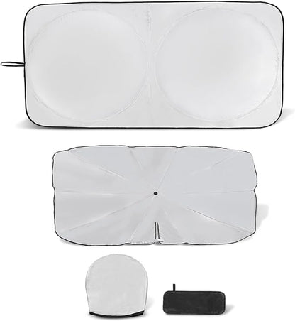 Universal Foldable Windshield Sunshade Sun Shade Umbrella 2PCS for Cars, Trucks & SUVs,Blocks Heat & Keeps Interior Cool,Long & Short Frequency Demand(Sunshade 62.99"x33.86",Umbrella 55.12"x31.5")