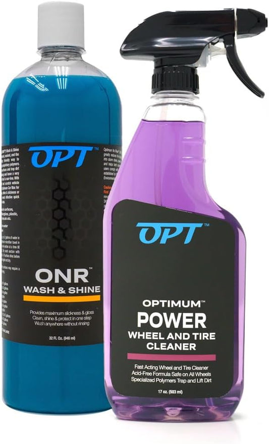 Optimum No Rinse Version 5 (32 Oz) with Power Wheel Cleaner Kit (17 Oz) Bundle - ONR Rinseless Car Wash with New 17 oz Power Wheel and Tire Cleaning Solution