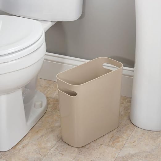 mDesign Plastic Small Trash Can, 1.5 Gallon/5.7-Liter Wastebasket, Narrow Garbage Bin with Handles for Bathroom, Laundry, Home Office - Taupe