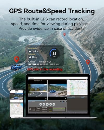 REDTIGER F9 & OBD Hardwire Kit, Dash Cam 4K Front and Rear 1080P, 5.8GHz WiFi GPS Car Camera with APP Control, Dual Dash Camera for Cars, Loop Recording(SD Card Not Included)