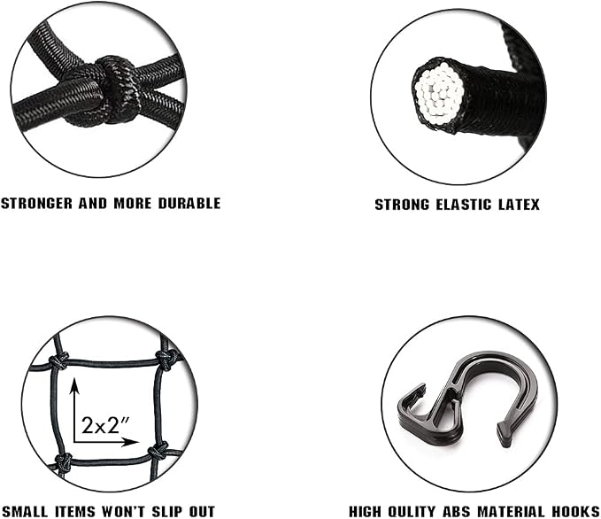 15"x15" Motorcycle Cargo Net Stretches to 30"x30" with 6 Hooks 2''x2'' Mesh for Motorcycle Motorbike Bikes
