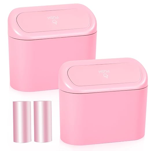 NBTEPEM Pink Car Trash Can with Lid - 2 Pack, Mini Auto Garbage Can with 60 Trash Bags, Leakproof Automotive Garbage Container Bin, Multipurpose Organizers and Storage for Car, Home, Office (Pink)