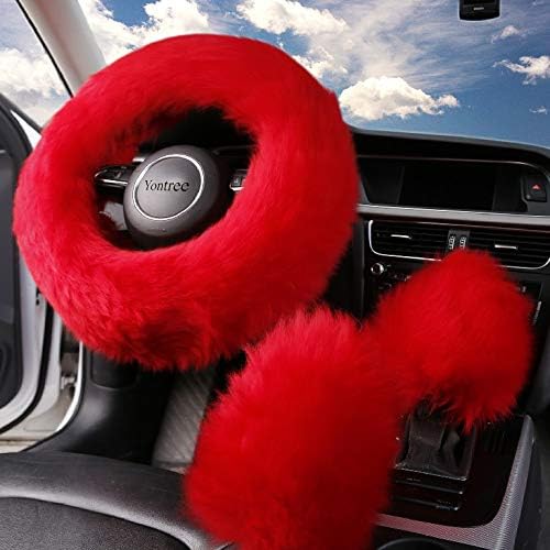 Yontree Fashion Fluffy Steering Wheel Covers for Women/Girls/Ladies Australia Pure Wool 15 Inch 1 Set 3 Pcs (Red)
