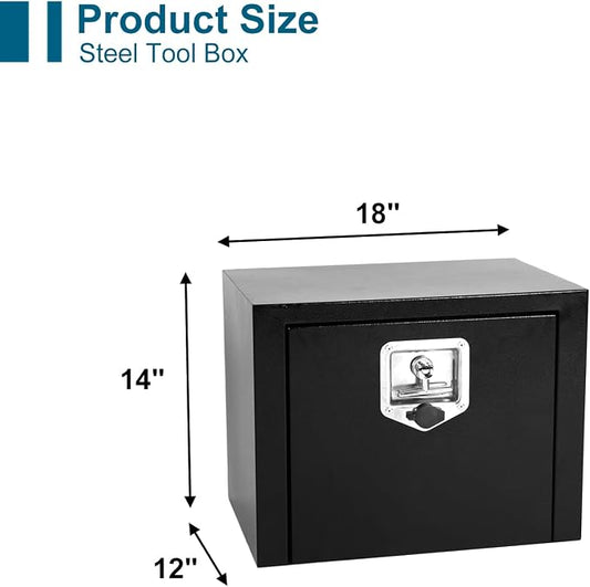 18"X12"X14" Underbody Steel Utility Truck Tool Box Chest With Lock and Keys，Heavy Duty Trailer Toolbox for Pick Up Truck RV Trailer, Black Storage Organizer Box