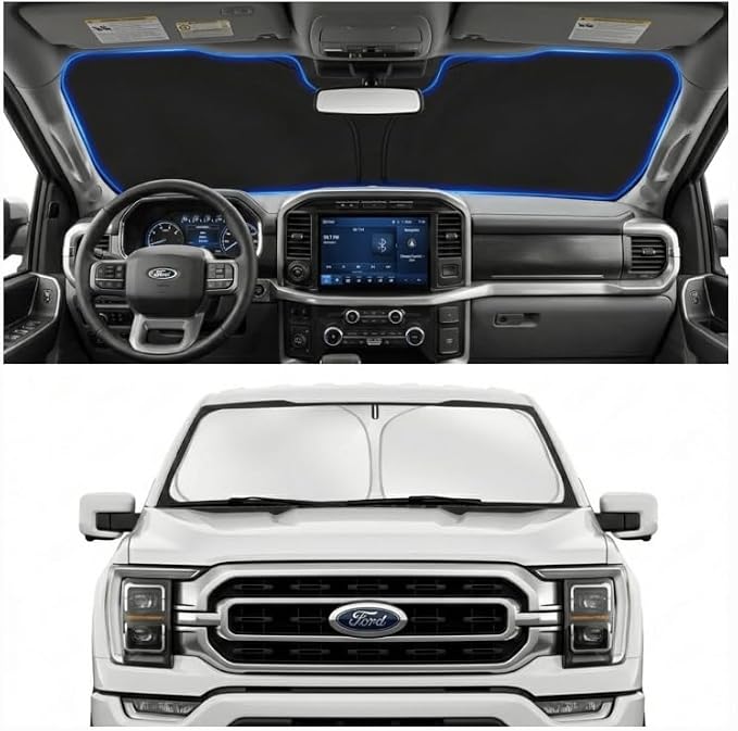 Custom Fit Windshield Sun Shade for Ford F150 F250 F350 2021-2026 | Custom Fit Windshield Cover, Blocks UV Rays, Double-Layer Heat Shield, Durable Frame, Easy Storage