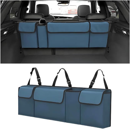 Car Trunk Organizer with Lid, Large Waterproof Vehicle Backseat Hanging Storage Bag with 4 Pockets & Adjustable Straps, Collapsible Automotive Interior Cargo Bag, Universal Fit (Blue)