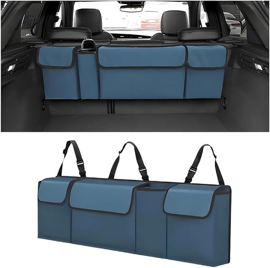 Car Trunk Organizer with Lid, Large Waterproof Vehicle Backseat Hanging Storage Bag with 4 Pockets & Adjustable Straps, Collapsible Automotive Interior Cargo Bag, Universal Fit (Blue)