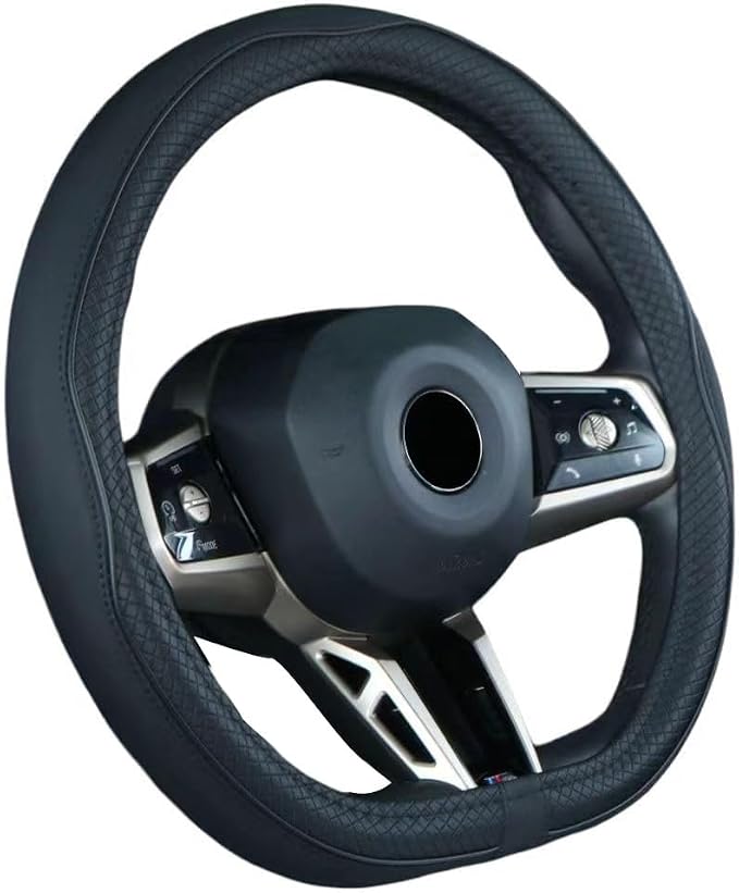 Mayco Bell Flat Bottom Size Steering Wheel Cover Anti-Slip,Safety,Soft,Breathable,Durable,Full Surround,Comfortable Grip Microfiber Leather (D-Shape,Black)