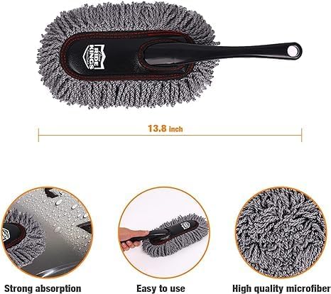 Car Duster Exterior with Extendable Handle, Scratch Free Auto Wash Brush Mop, Interior Detailing Kit for Truck RV Boat - Microfiber Duster & Interior Brush, Grey