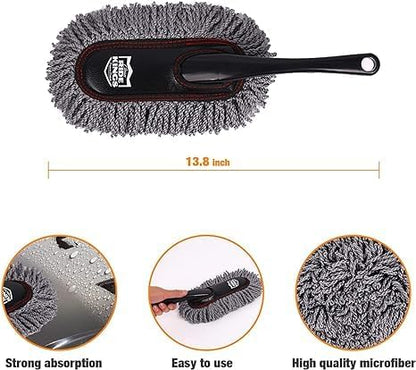 Car Duster Exterior with Extendable Handle, Scratch Free Auto Wash Brush Mop, Interior Detailing Kit for Truck RV Boat - Microfiber Duster & Interior Brush, Grey