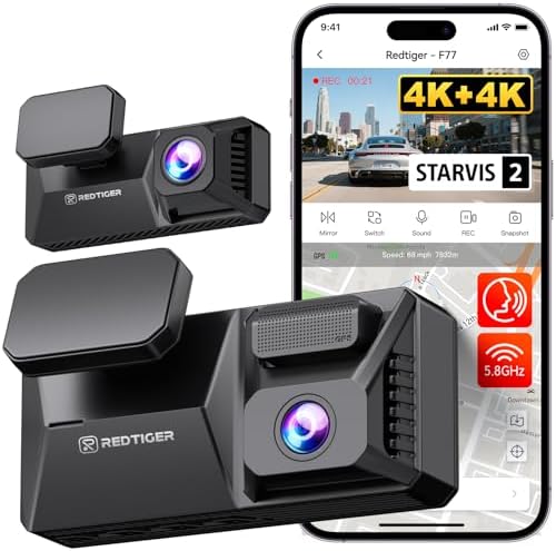 REDTIGER F77 & 3M Adhesive, 4K+4K Dash Cam Front and Rear, Dual STARVIS 2 IMX678 HDR, Built-in 128GB eMMC, Voice Control Dash Camera for Cars with 5.8GHz WiFi, 4'' Touch Screen, GPS, Night Vision