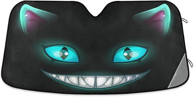 Fantasy Scary Laugh Cat Black Cheshire Halloween Car Windshield Sun Shade Foldable UV Ray Sun Visor Protector Sunshade to Keep Your Vehicle Cool (55" x 27.6")