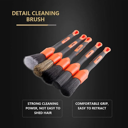 SPTA Car Detailing Brush Set, 5 Pack Soft Boar Hair Auto Detail Brush Kit with Elbow for Automotive Elegant Surface Interior Exterior Dashboard Emblems Panels Engine Bay Wheels Air Vent Seat Leather